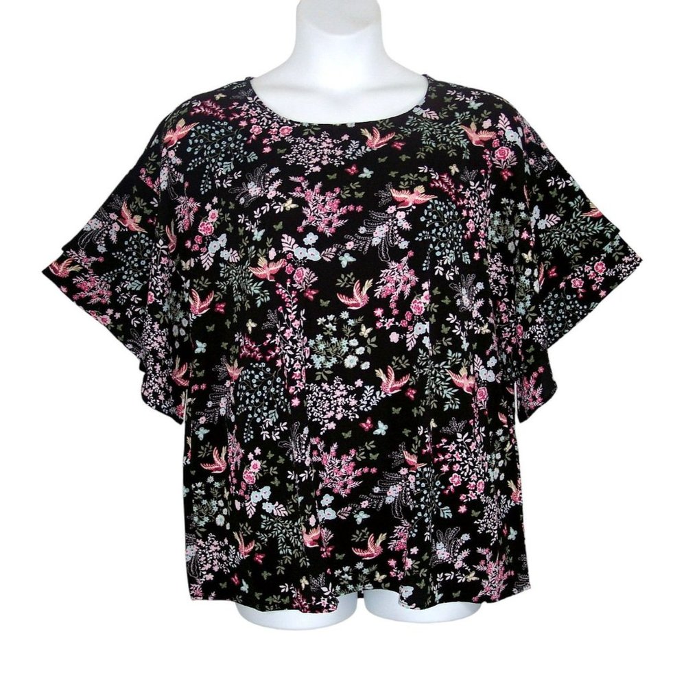 NEW Bobeau 3X Black Floral Double Ruffle Layer Sleeves Plus Size Top